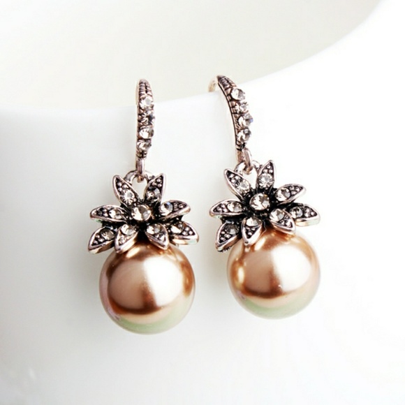 Golden Pearl Crysral Drop Earrings - Picture 1 of 5