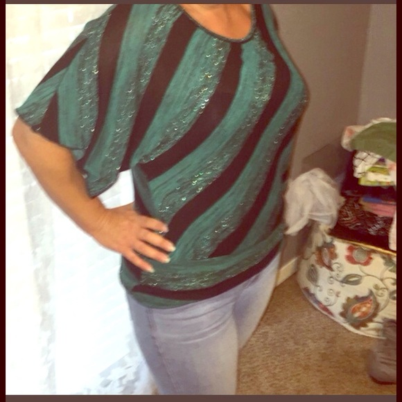 Iz Byer Tops - Iz Byer large shirt, Aqua green, black w/ stripes