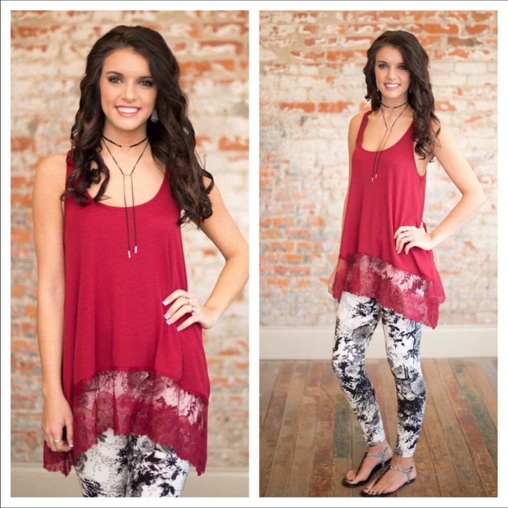 Burgundy Racerback Lace Trim Tank