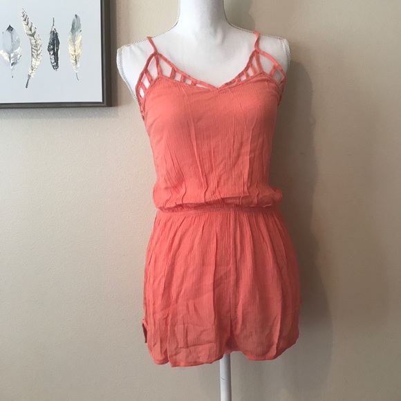 << Coral Lace Up Back Strappy Romper >> - Picture 5 of 5