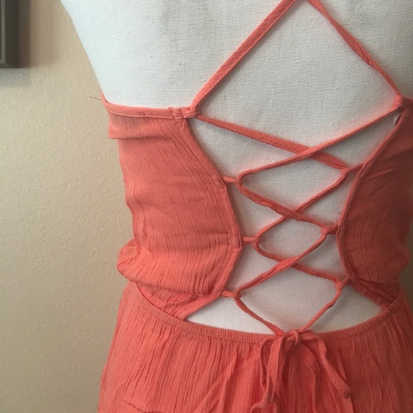 << Coral Lace Up Back Strappy Romper >> - Picture 3 of 5