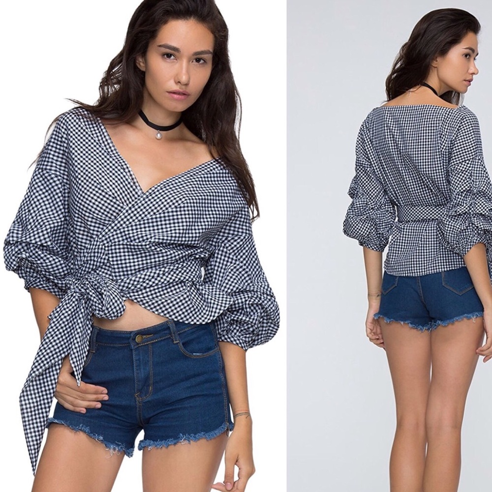 Gingham Black and White Wrap Top Crop