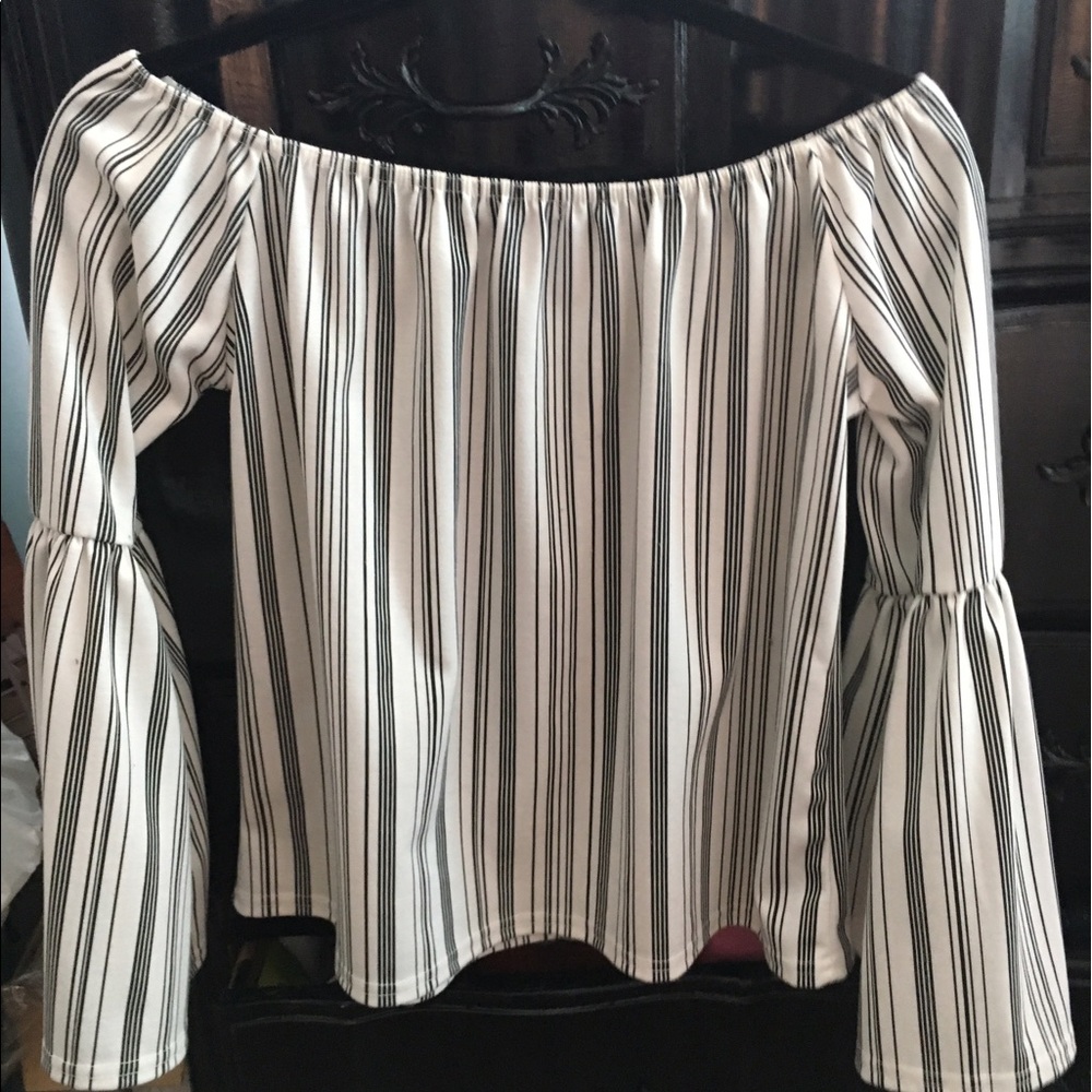 Off the shoulder white and black striped top