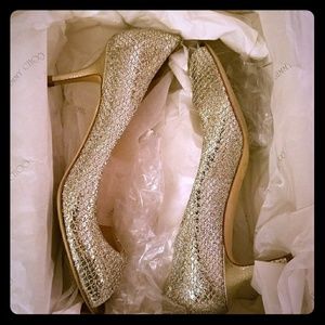 Jimmy Choo 7.5 Glitter Isabel Peep Toe Pumps