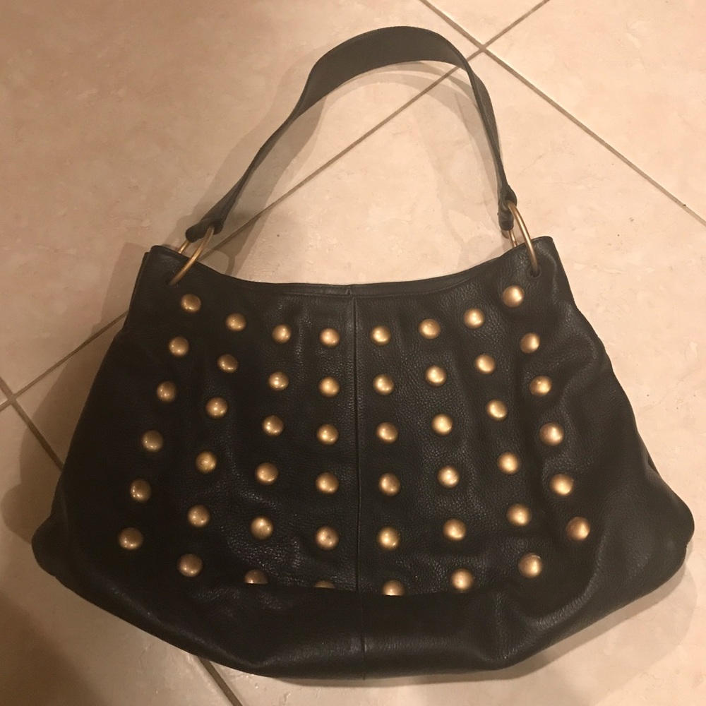 GOLD STUDDED BLACK LEATHER BAG