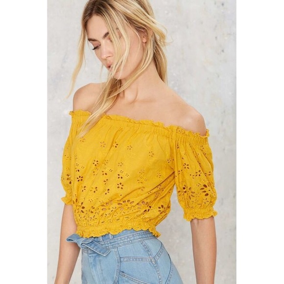 Apple Of My Eyelet Off Shoulder Top - Mustard - Picture 3 of 5