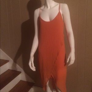 ORANGE SPAGHETTI STRAPPED HI-LOW DRESS