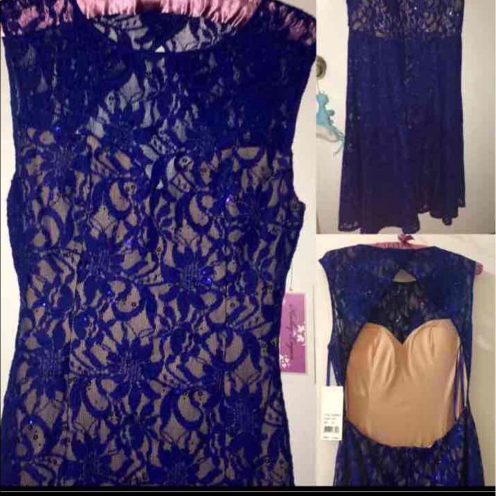 Blue lace illusion neckline cap sleeve gown.