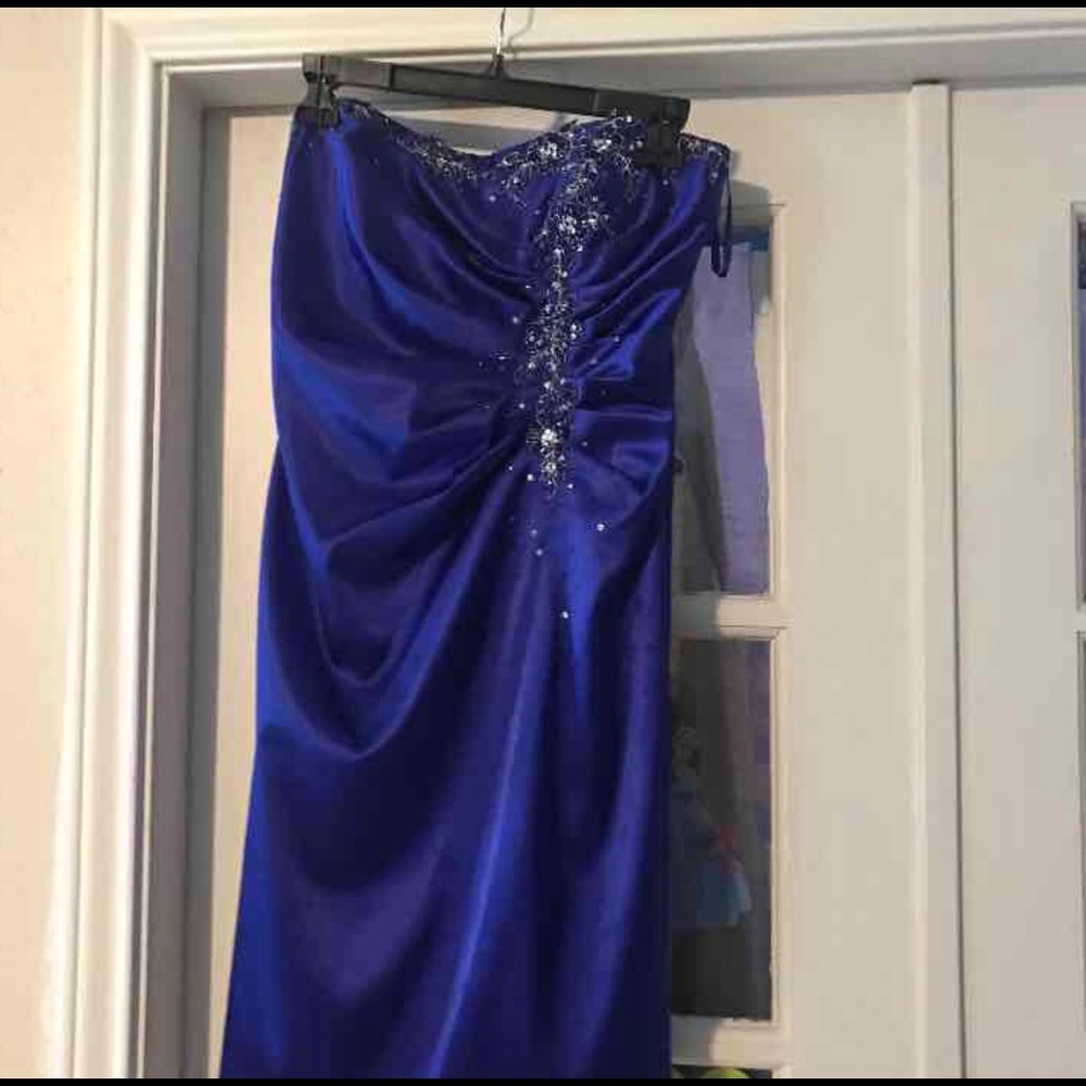 Blue satin tube dress.