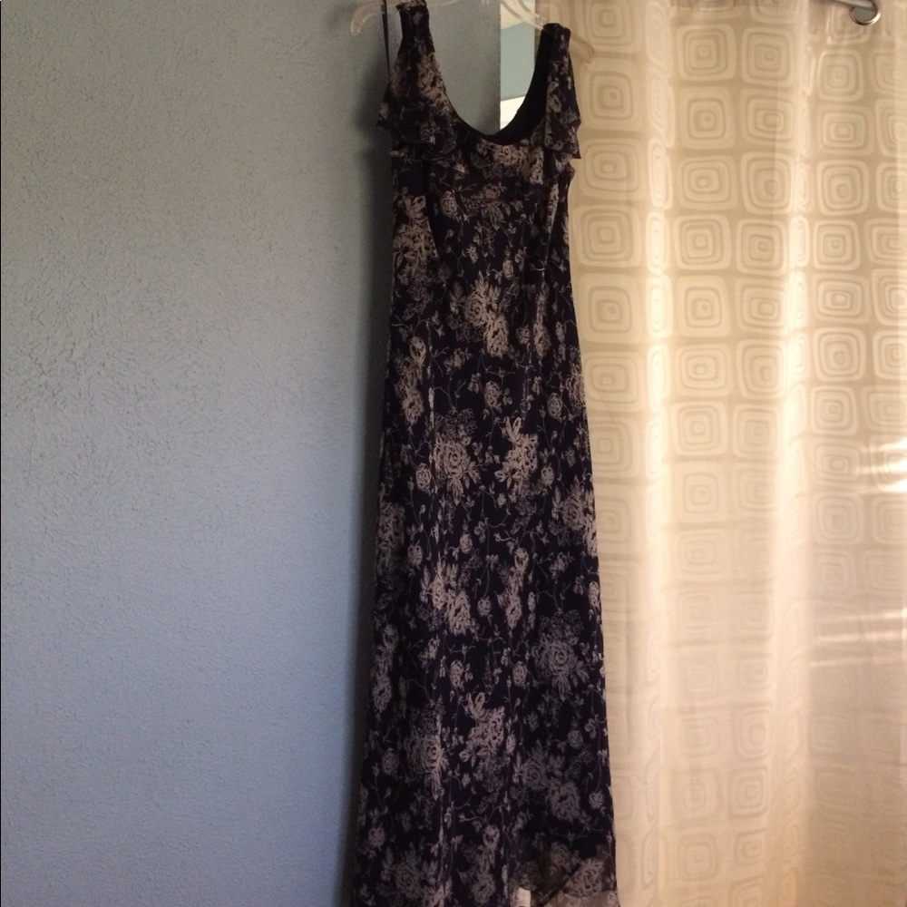 Blue and tan floral print dress