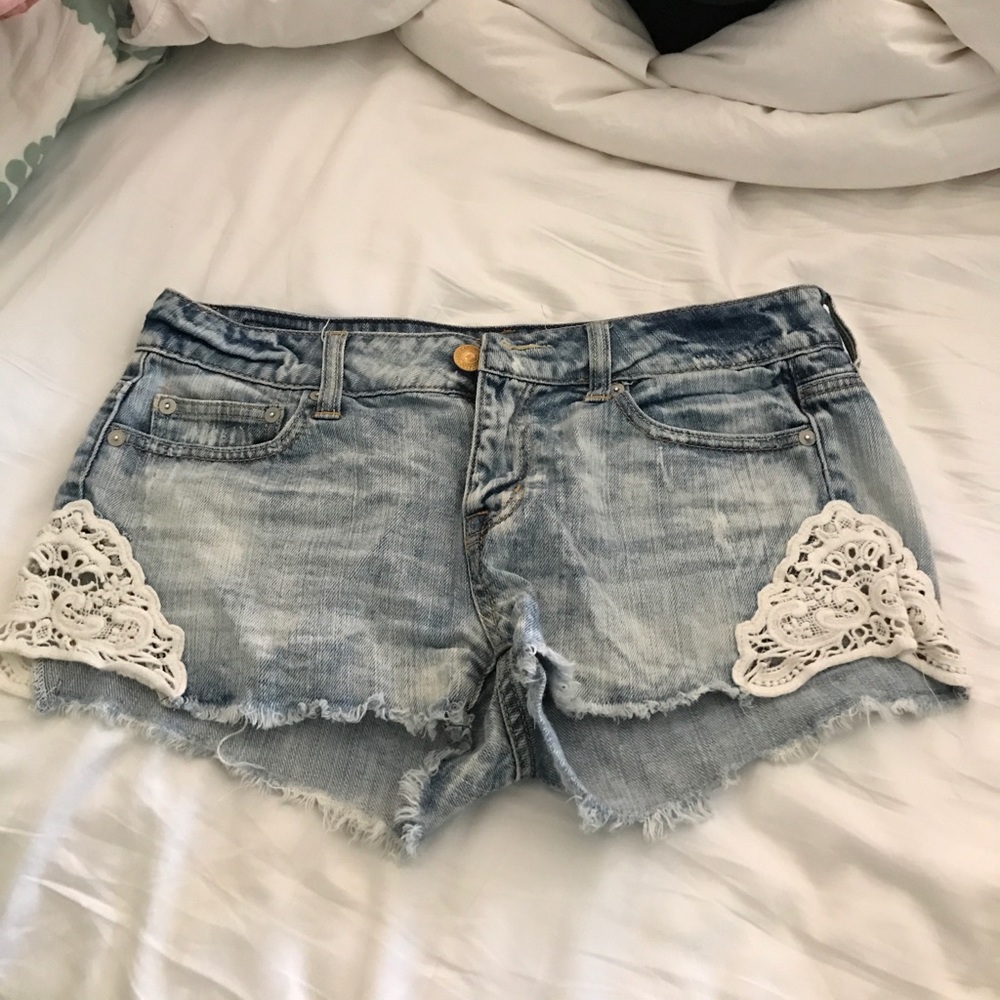 Low rise, light wash jean shorts