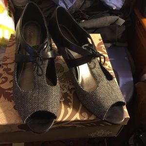 Gray and black low heels