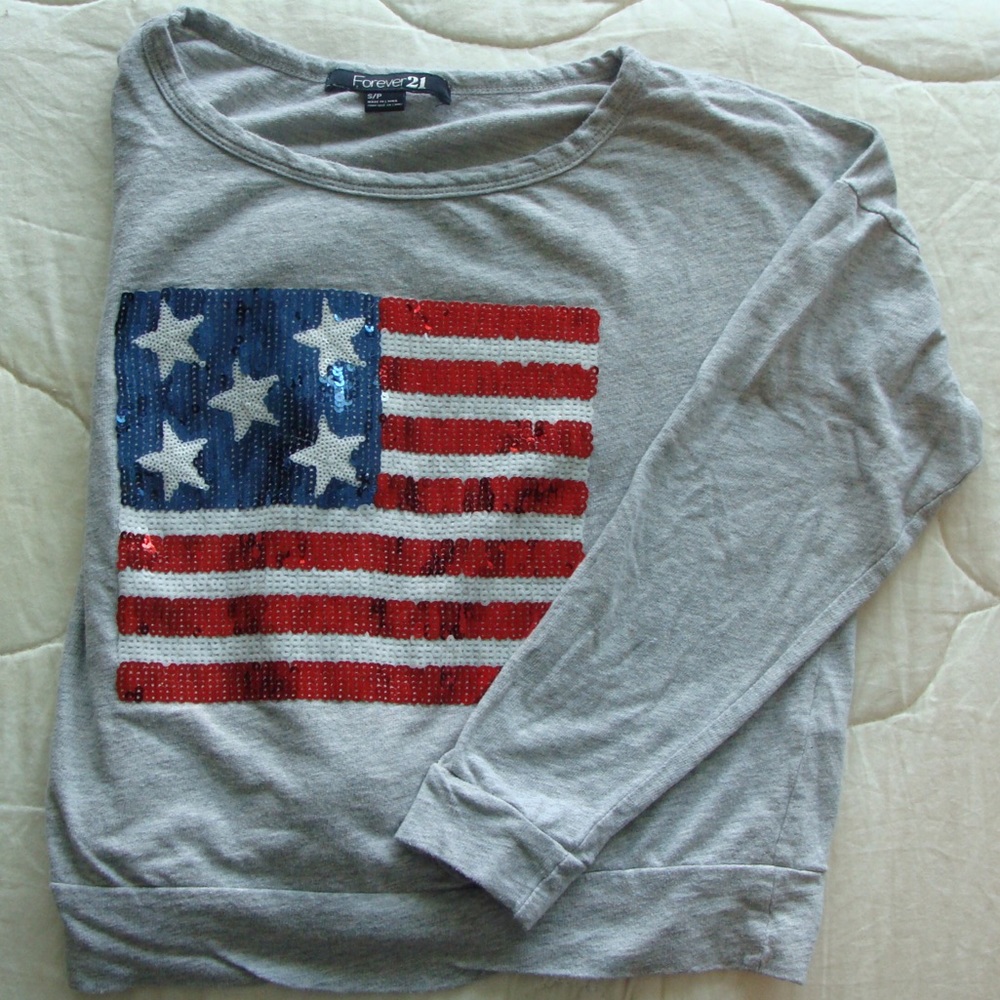 Forever 21 sequin American flag grey tshirt