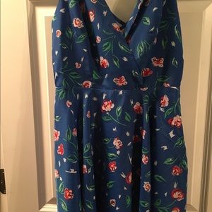 Blue and floral dress.