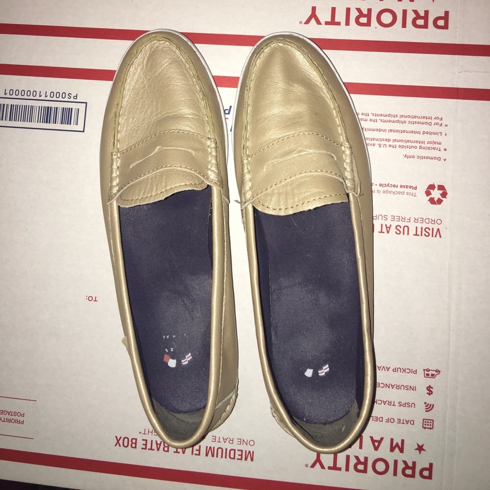 Cole Haan Nantucket Gold leather loafers.