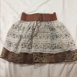 lace cheetah printed skirt with stitched on belt