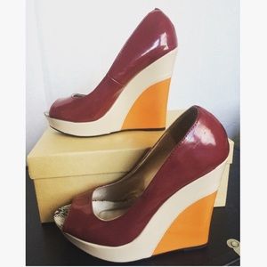 $10 Qupid wedge heels, maroon, orange, nude
