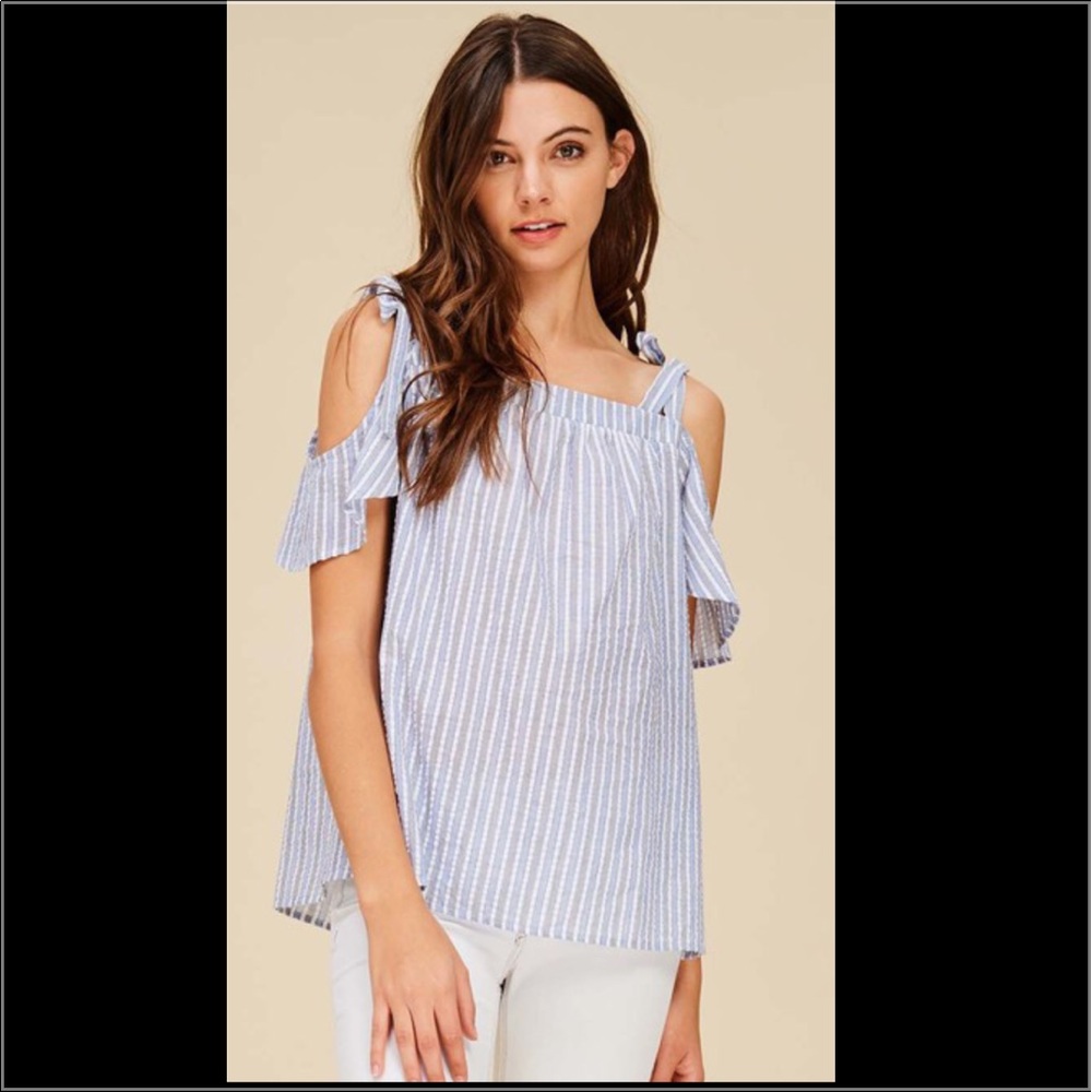 Blue & Gray Seersucker Cold Shoulder with Ties Top