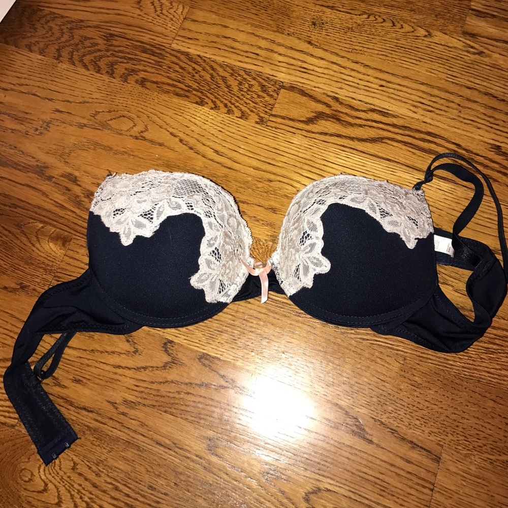 Blue and cream lace bra