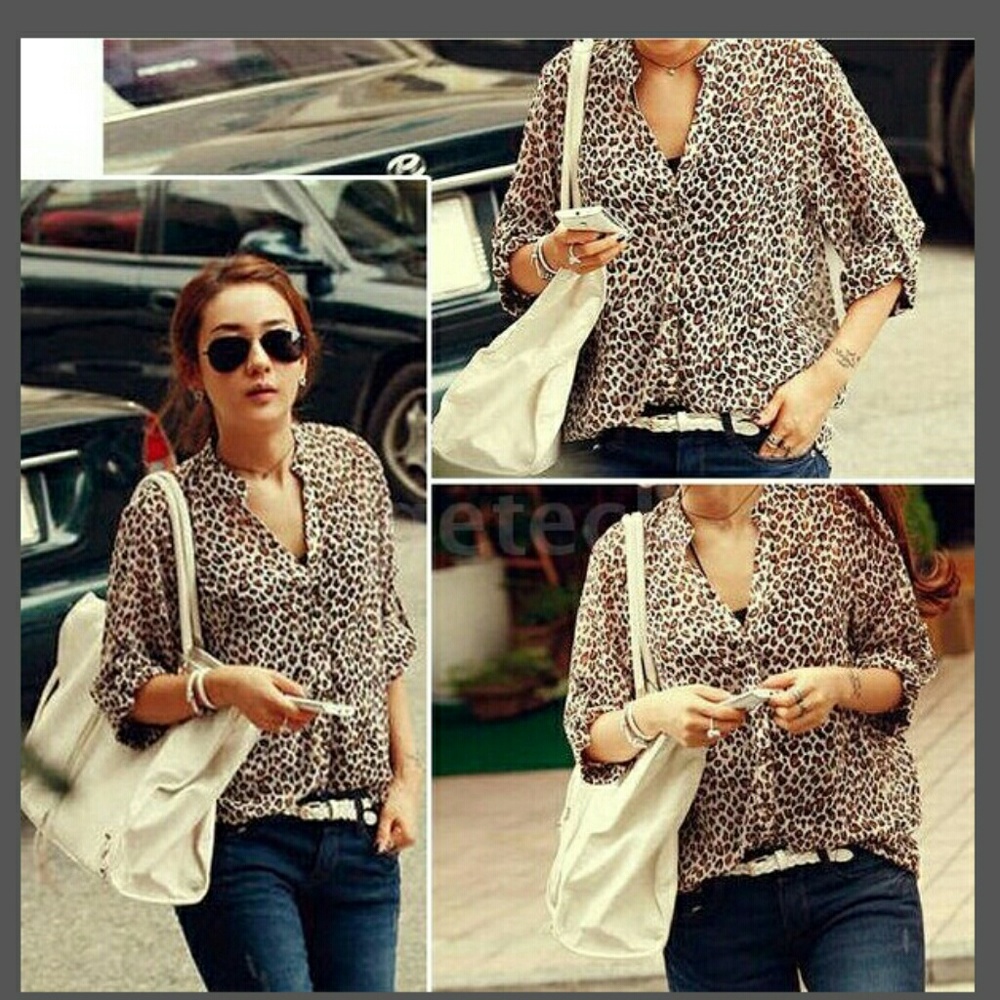 New Leopard print button up blouse sz L