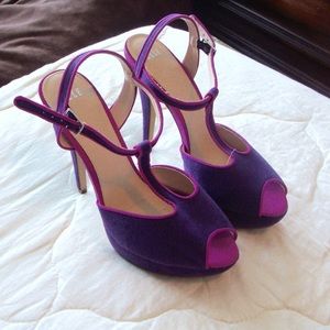 purple and pink peep toe t strap platform heels