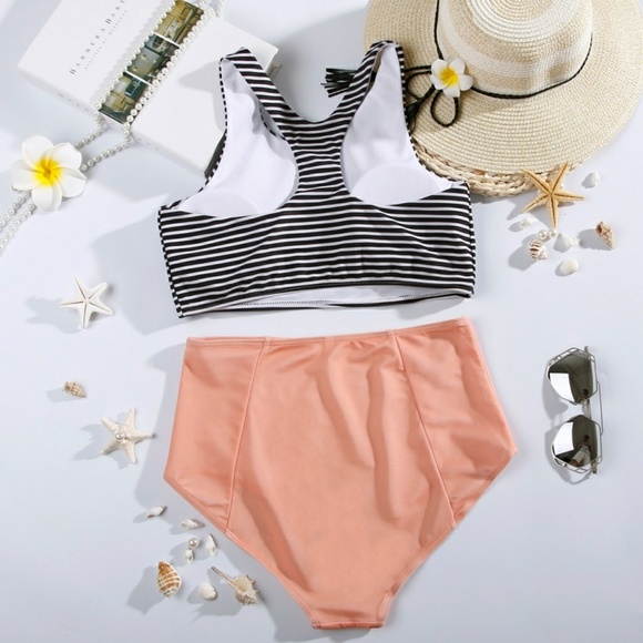 ❗️TOP ONLY High Waist Stripe Racerback Bikini - Picture 2 of 5