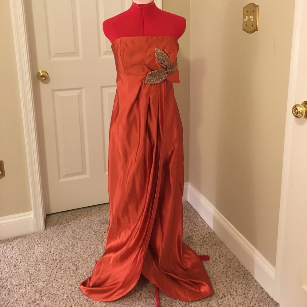 Jayson Brunsdon burnt orange silk evening gown