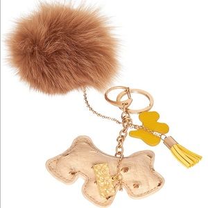NWT Tan Fur Pom Pom Charm Leather Dog Gold Keychain Keyring Key Holder