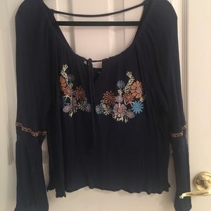 Navy Blue Embroidered Peasant Blouse