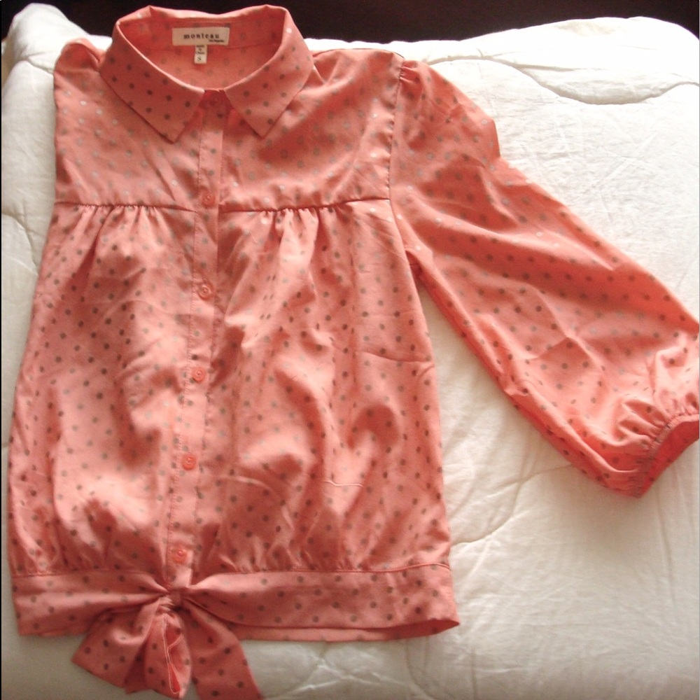 Peach and gold dot chiffon bottom down blouse