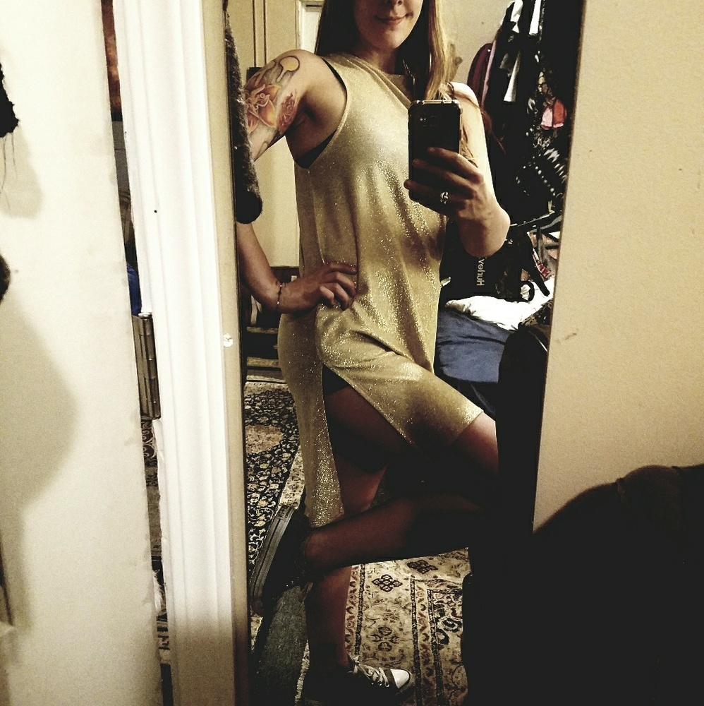 Olivia Sky Gold Metallic Rayon High Slit Midi