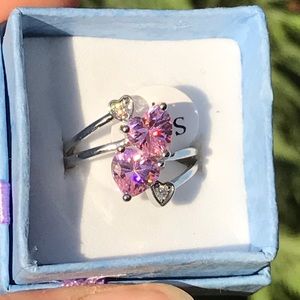 Pink and white topaz hearts ring