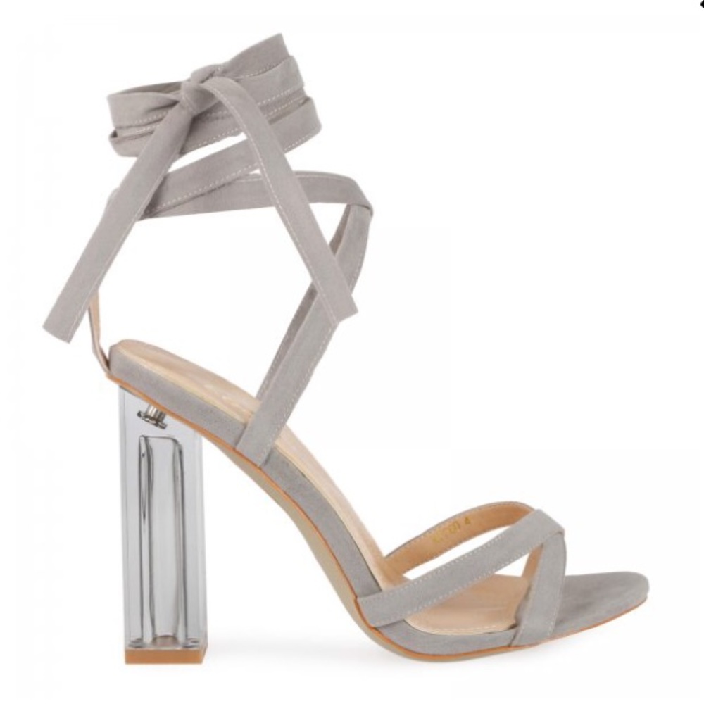 EGO Official Amina Perspex Suede Clear Block Heels