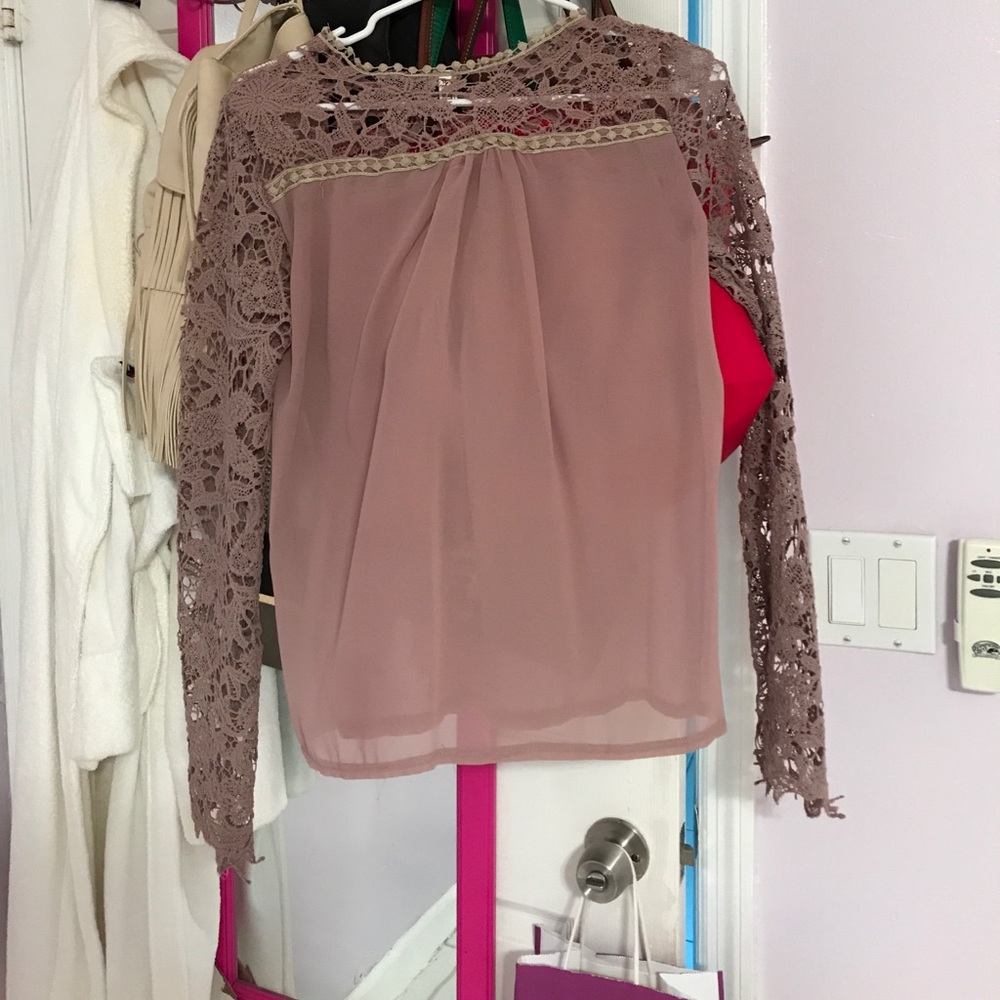 beige long sleeve blouse with lace detailing