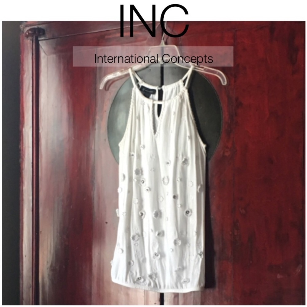 INC top with dainty floral and sequined appliqués