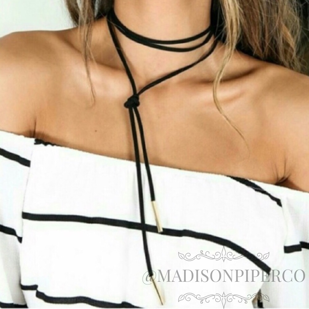 "Britney" Boho Long Black Vegan Suede Choker - Picture 2 of 8