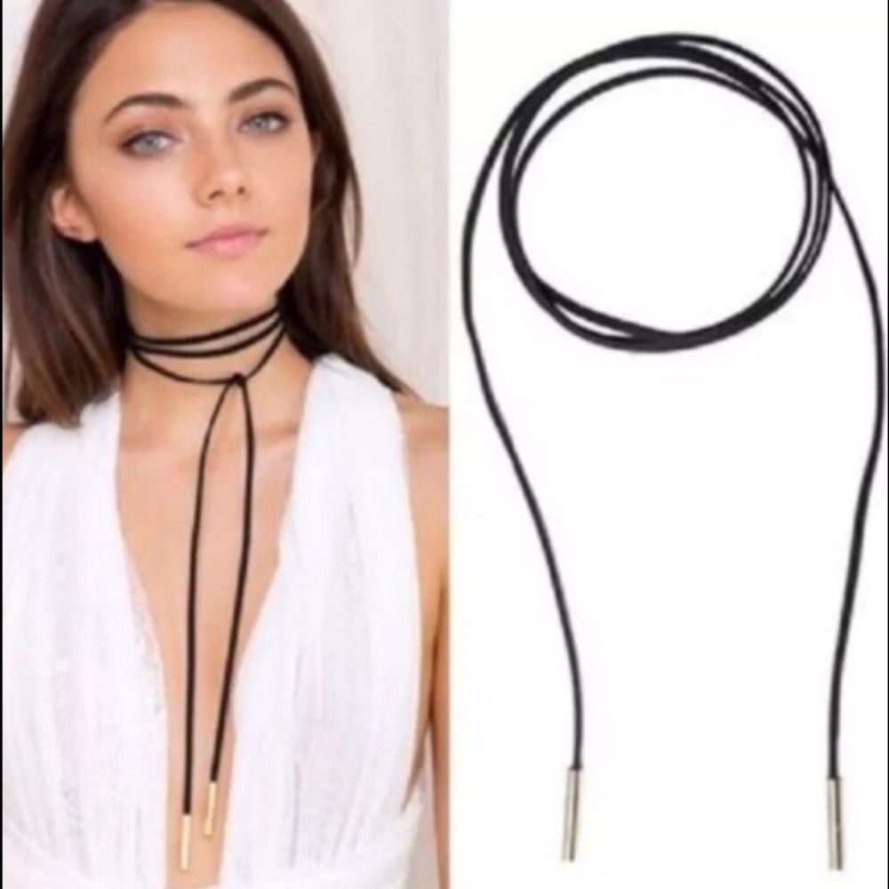 "Britney" Boho Long Black Vegan Suede Choker - Picture 5 of 8
