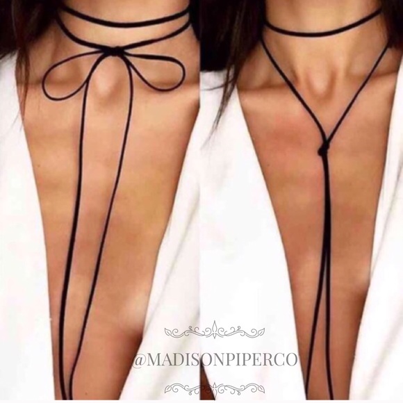 "Britney" Boho Long Black Vegan Suede Choker - Picture 3 of 8