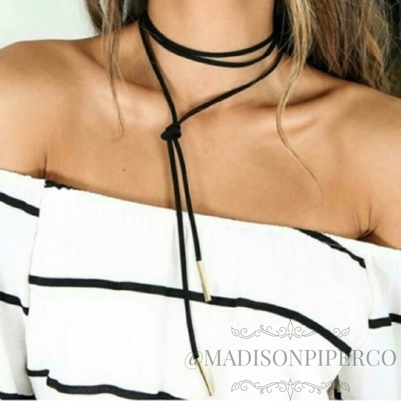 "Britney" Boho Long Black Vegan Suede Choker - Picture 2 of 8