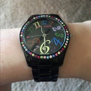 Black Betsey Johnson watch with rainbow crystals