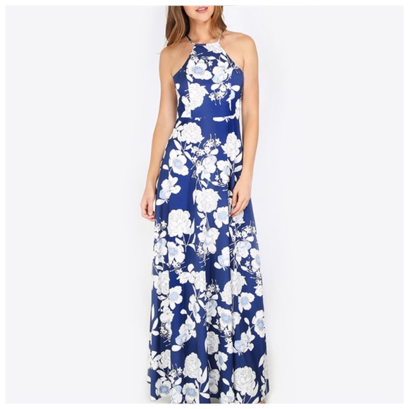 💜 ‼️ PRICE FIRM LAST CALL 
Blue & White Tropical Flower Maxi Halter Dress - Picture 5 of 6