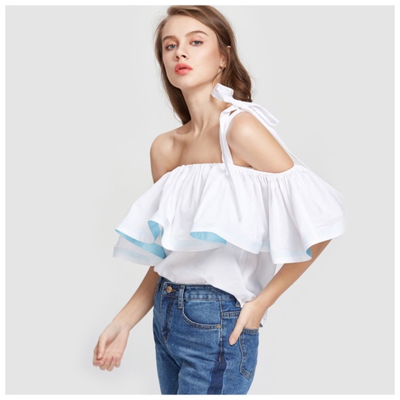 White Ruffle Off The Shoulder Satin Trim Top - Picture 4 of 4