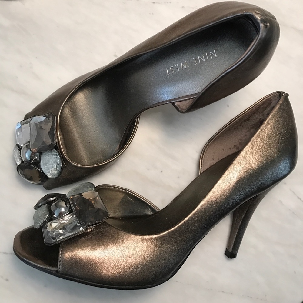 Nine West Peep Toe Jeweled Heels in Pewter