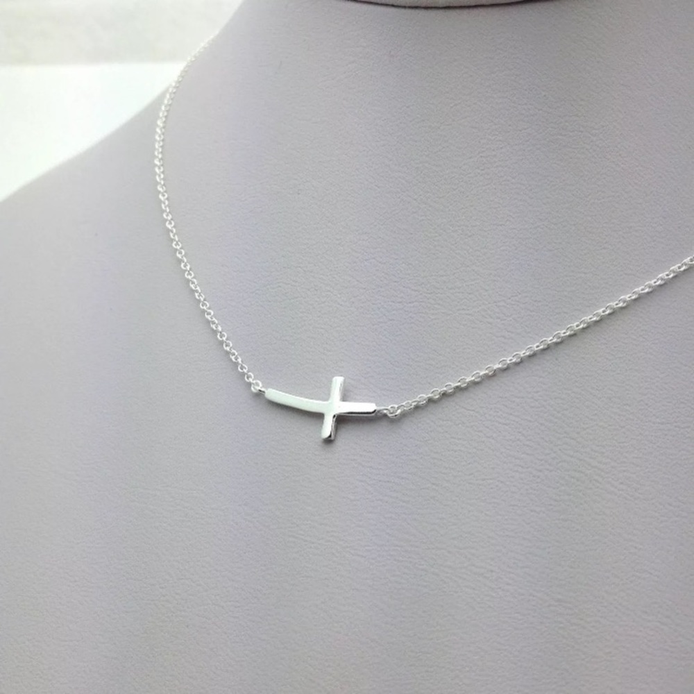 Sterling Silver Small Curve Sideway Cross Necklace