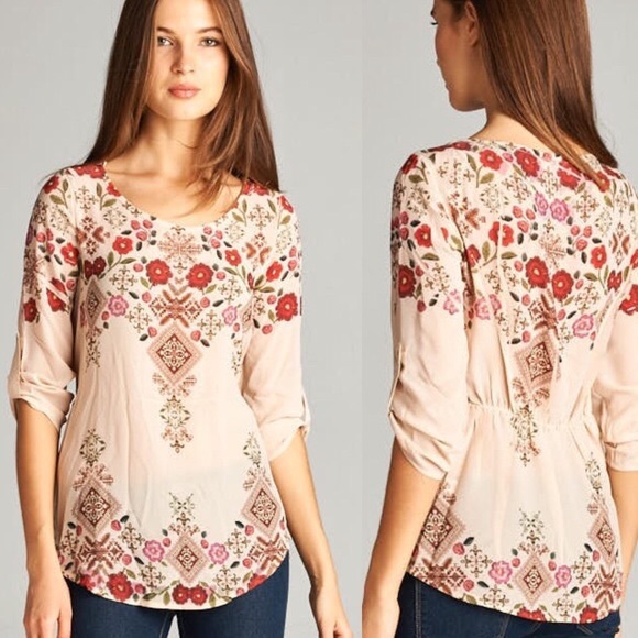 Floral print top with rolled arm cuff. - Picture 4 of 8