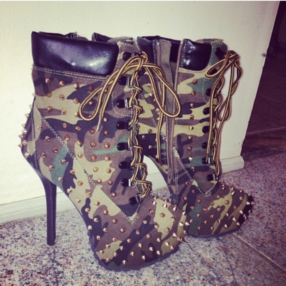 Army Print Spike High Heels