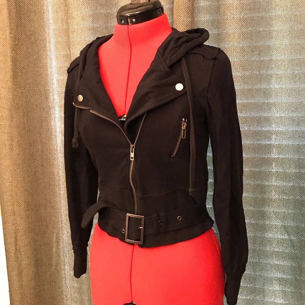 Forever 21 XXI Black Zip Up Belted Hoodie Jacket