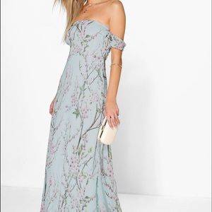 Floor length, off the shoulder dress