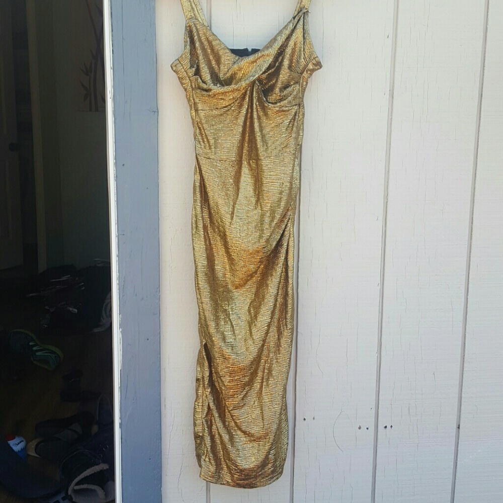 Gold pin up style rayon type stretchy wiggle dress