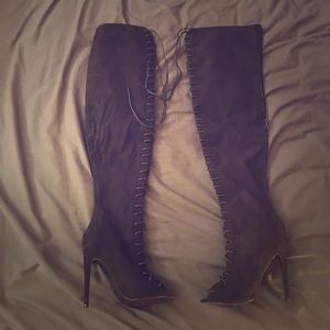 Qupid Black Thigh High Lace Up Boots